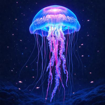 The primary subject of the image is a large, glowing, purple and blue jellyfish floating in a dark, star-filled sky. The setting is a nighttime scene with a backdrop of stars, creating a sense of wonder and mystery. The visual style is a digital art or illustration, with the jellyfish and its tentacles appearing as a vibrant, colorful pattern against the dark, starry background. The colors and mood of the image are predominantly purple and blue, with a